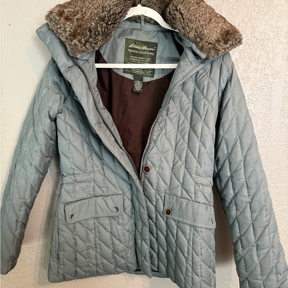 Eddie Bauer Sea Foam Gray Goose Down Quilted Puffer Jacket with Faux Fur Collar - Picture 8 of 8